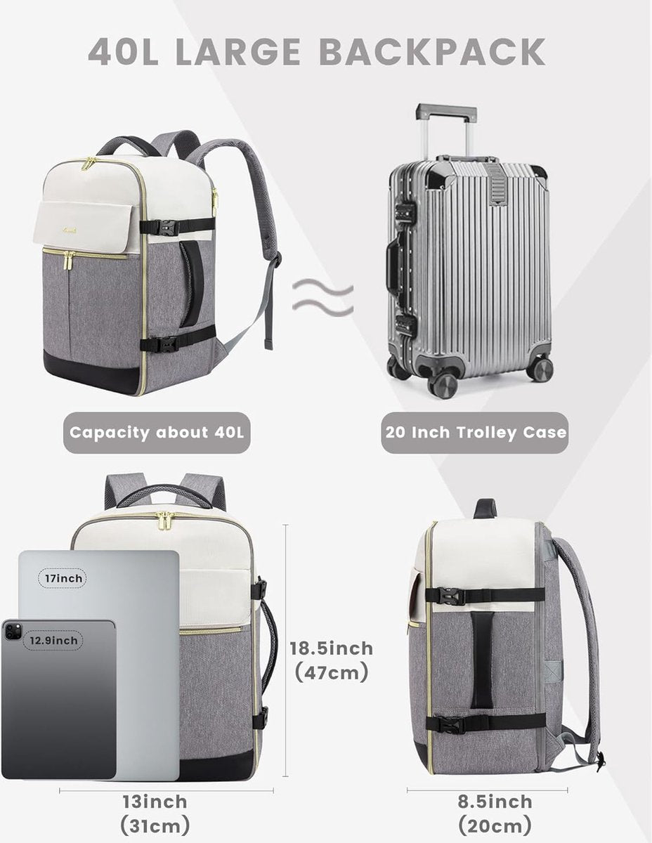 Backpack handbagage vliegtuig, 40 liter, grote reisrugzak voor dames en heren, voor Ryanair Easyjet, laptoprugzak, 17 inch, reisrugzak voor reizen, zaken, beige, zwart, bruin
