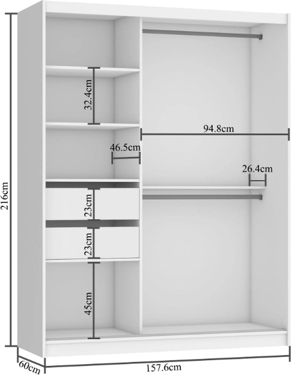 Wardrobe black 158 cm wide with mirror and 2 drawers