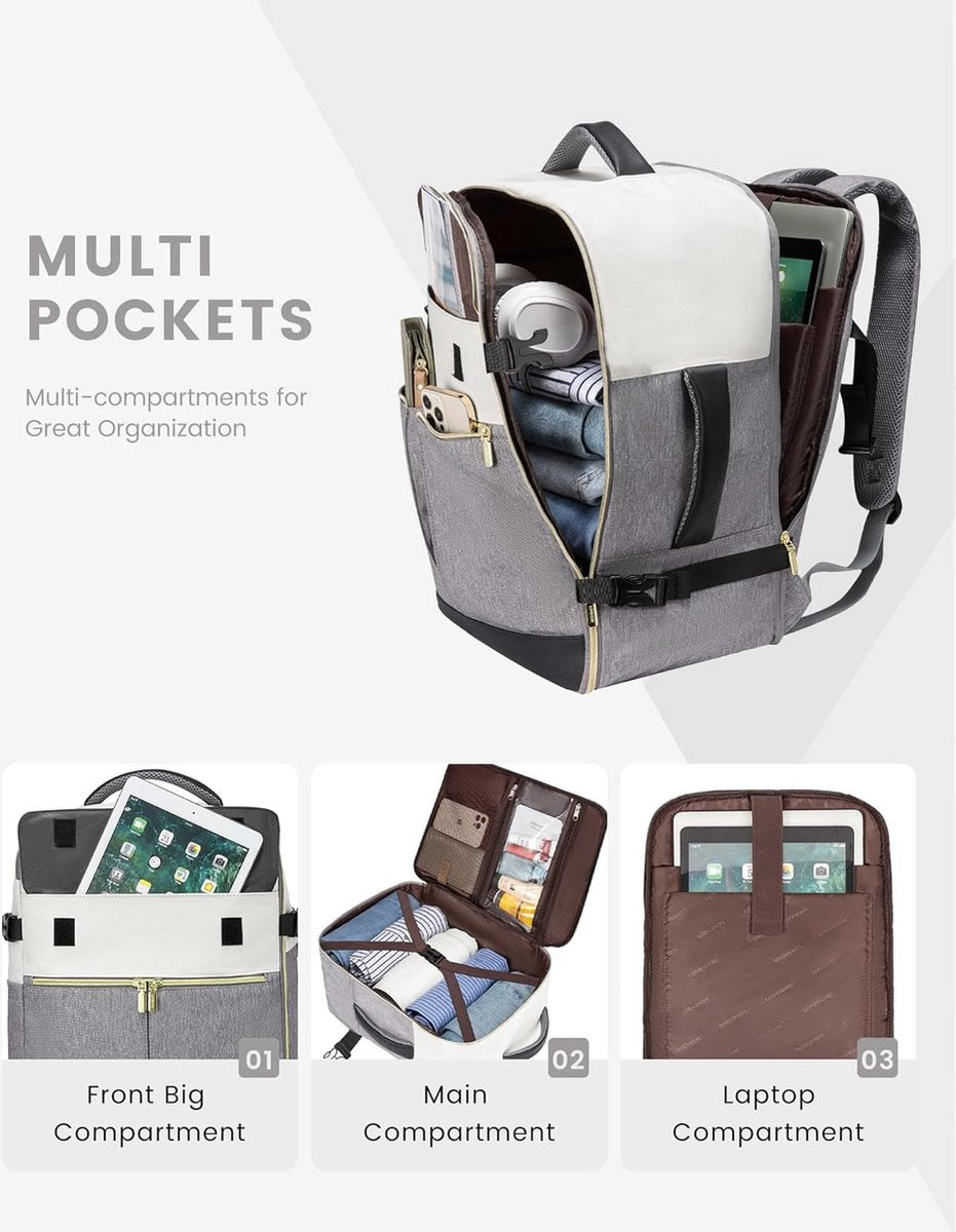 Backpack handbagage vliegtuig, 40 liter, grote reisrugzak voor dames en heren, voor Ryanair Easyjet, laptoprugzak, 17 inch, reisrugzak voor reizen, zaken, beige, zwart, bruin