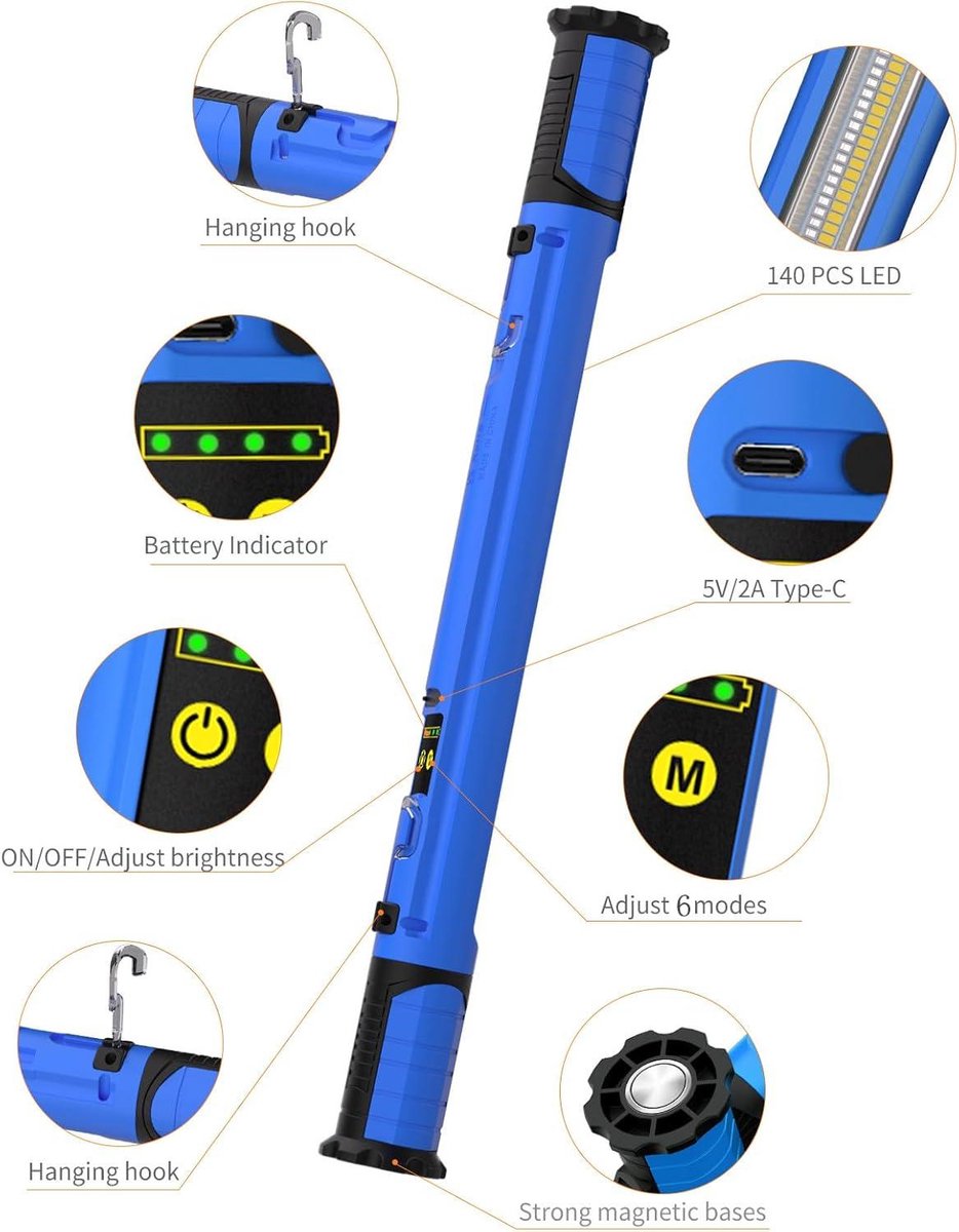 3000 lumen led-accuspot 5000 mAh oplaadbare magnetische werklamp - motorkaplamp met haak - draagbare werklamp - 6 lichtmodi - 3 helderheidsniveaus - motorkap garage noodgevallen