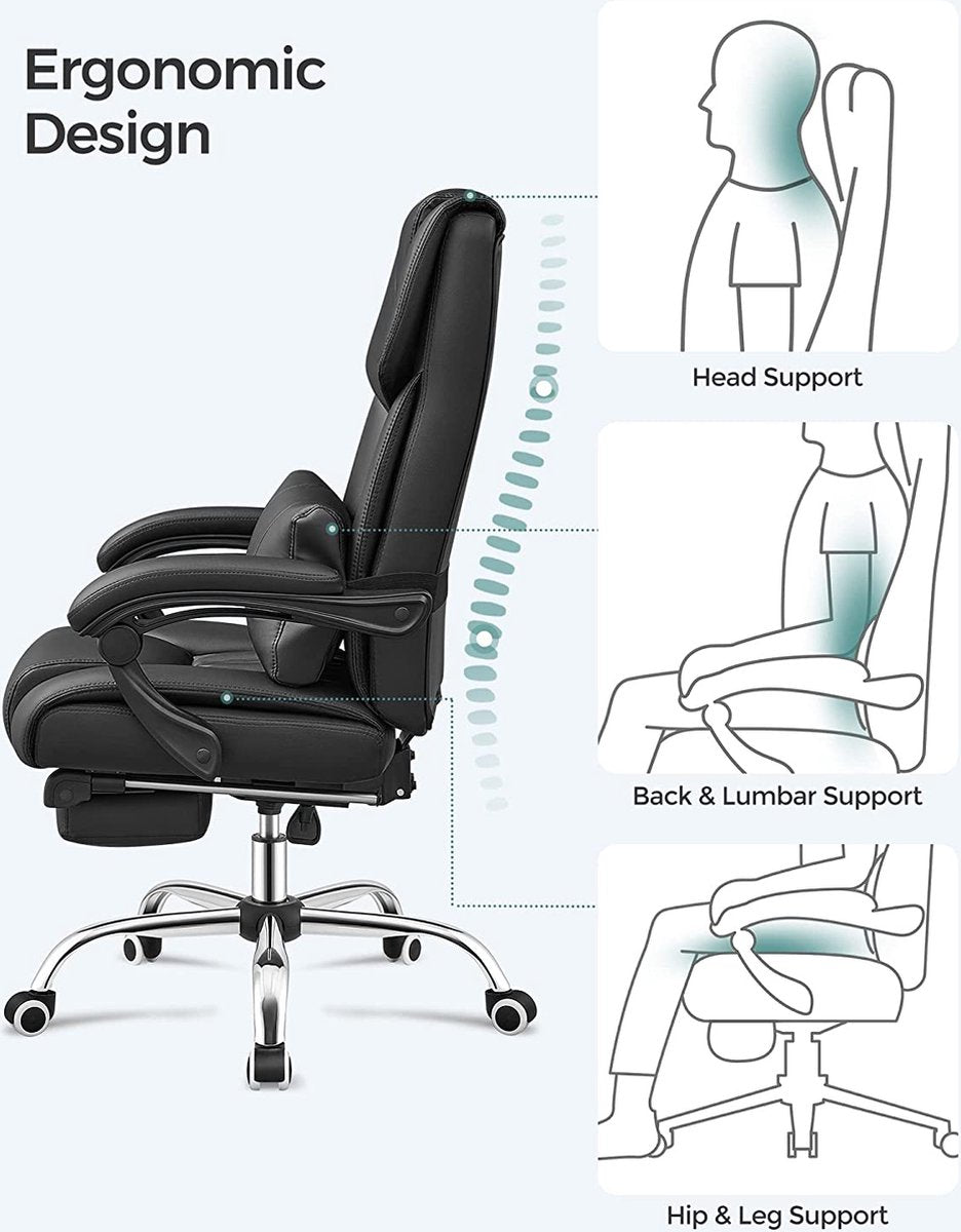 Office chair with footrest and lumbar cushion, faux leather, black, 67 x 66 x 116 cm