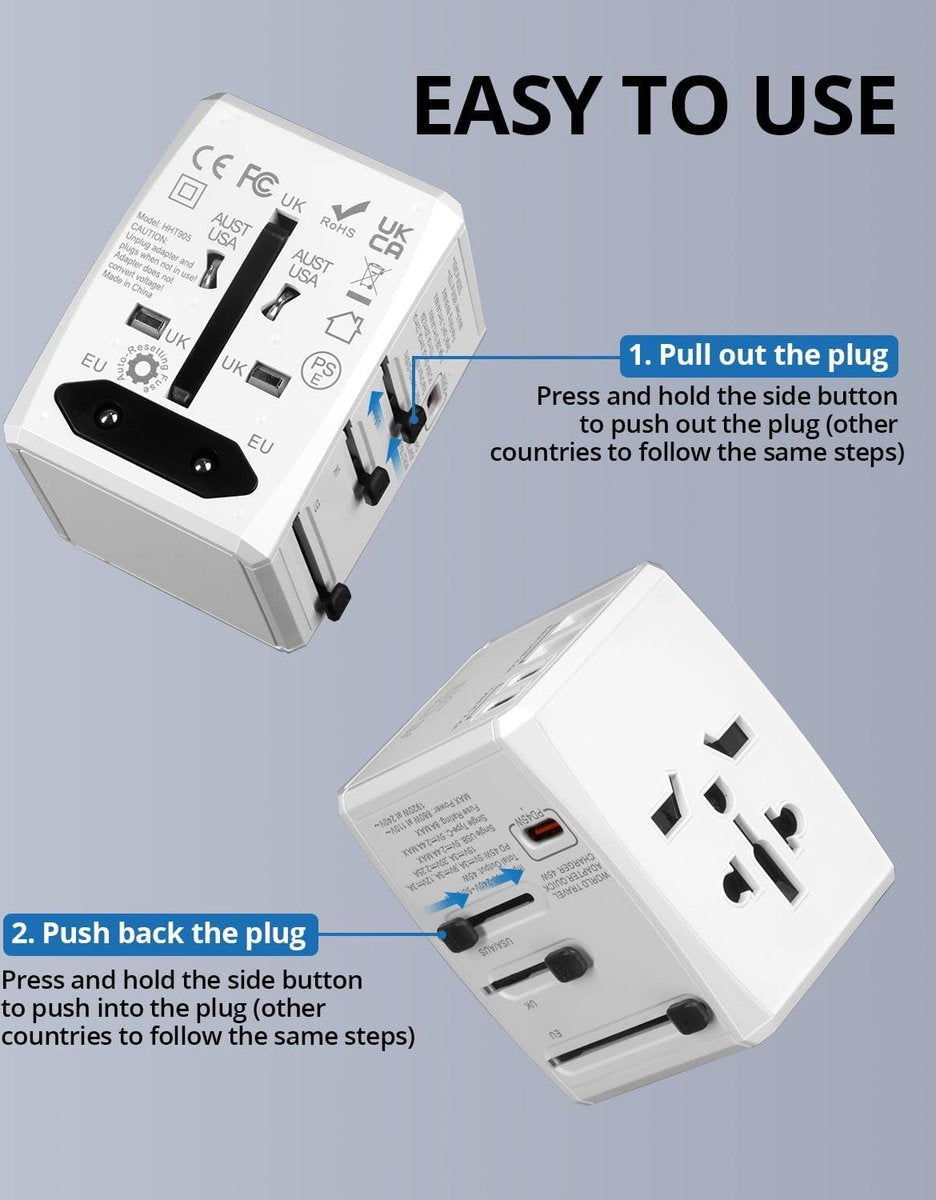 Worldwide Universal Travel Adapter with Fast Charging - 2 USB - 2 USB C - 45 W - AC Outlet - International Plug Adapter - 150+ Countries