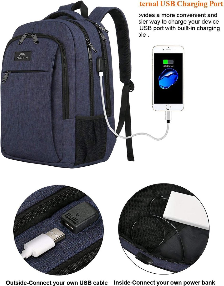 MATEIN Laptoptas voor heren, school, werk, USB-oplaadpoort, multifunctioneel, anti-diefstal, zakelijke reisrugzak, waterdichte schoolrugzak, 15,6 inch laptoprugzak