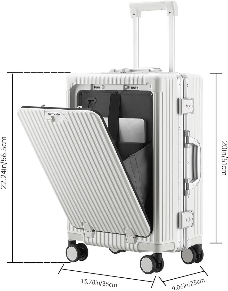 Approved carry-on luggage with spinner wheels, 20 inch suitcase with aluminum frame, integrated TSA lock, with USB port and cup, cell phone holder travel suitcase, white, Design with