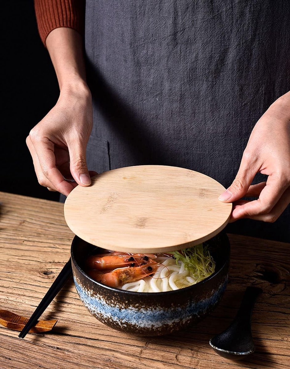 Japanese Ramen Kom Set - Keramische Salade Noodle Grote Soepkom Met Deksel En Lepel - Ontbijtgranen Soep Dessert En Rijst Kom - Magnetron Oven Vaatwasser - Blauw Ice Set