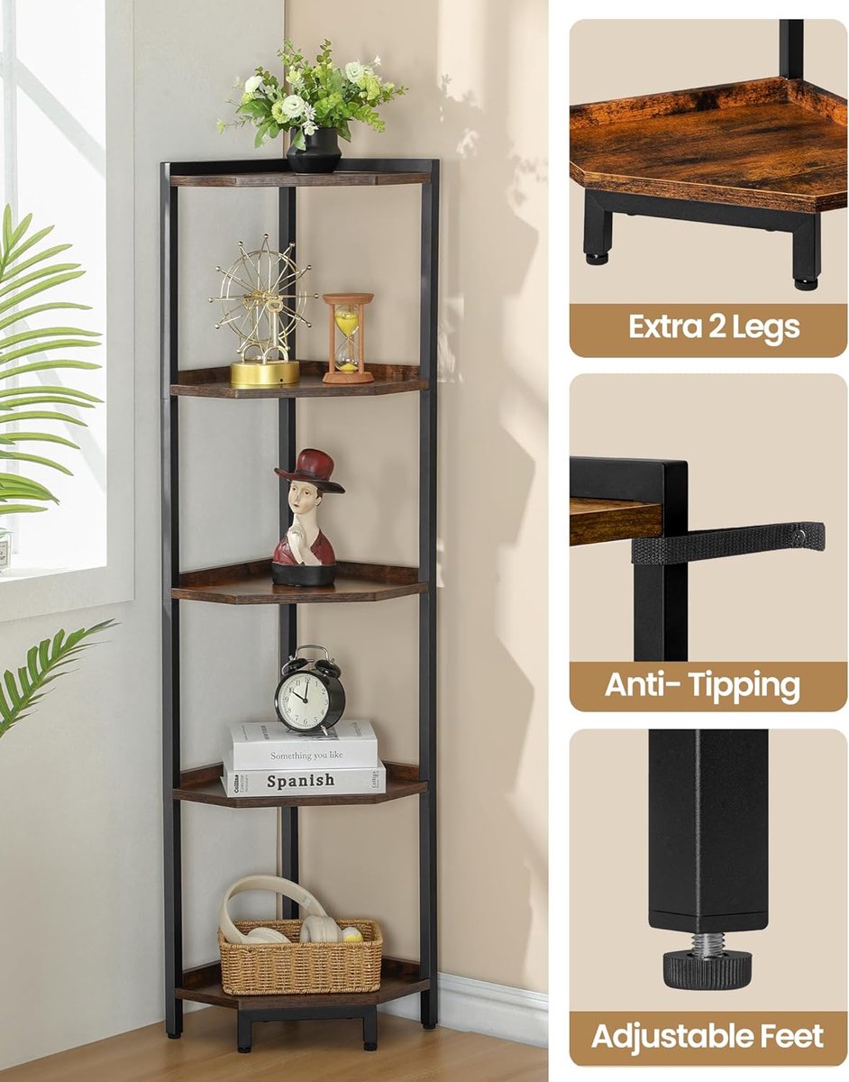 Corner Shelf Stand, 5-Tier Corner Bookshelf, Storage Stand with Metal Frame, Plant Stand, Corner Bookcase for Living Room Home Office, Rustic Brown and and Black