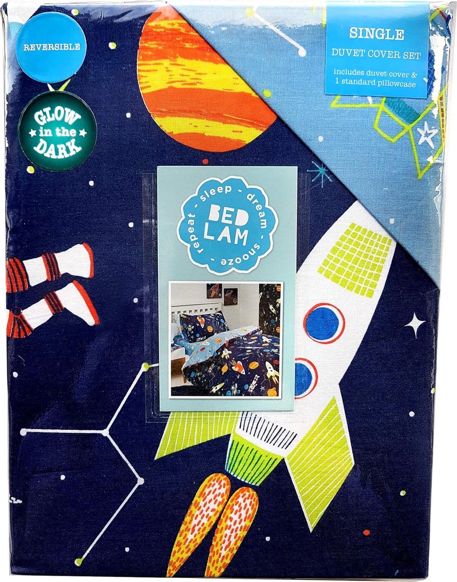 Bedlam Supersonic Glow in the Dark Dekbedovertrekset, 52% polyester, 48% katoen, blauw, dekbedovertrekset: eenpersoons