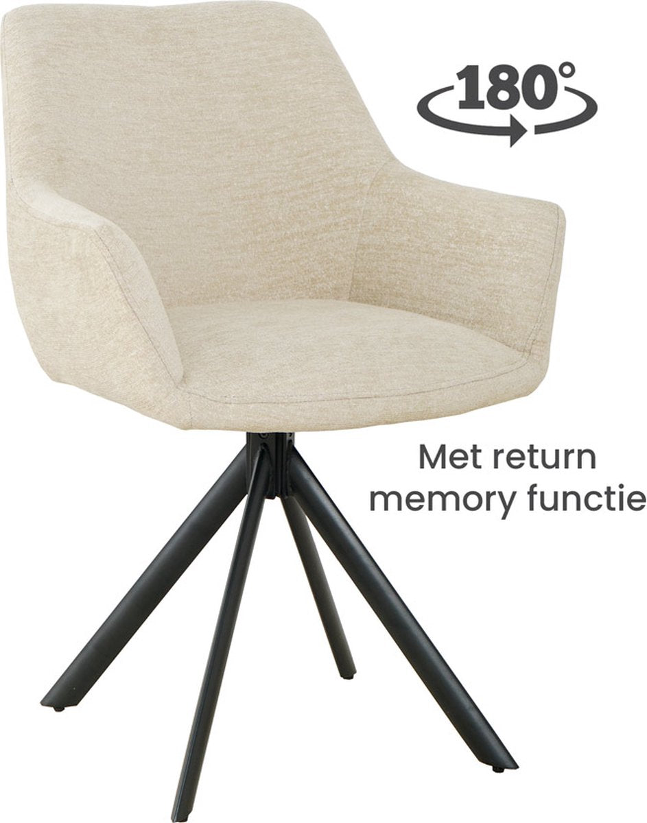 2x Eetkamerstoelen - Set van 2 - Stoelen - Isco - Draaibaar - Bouclé - Stof - Beige - Zwarte stalen poot