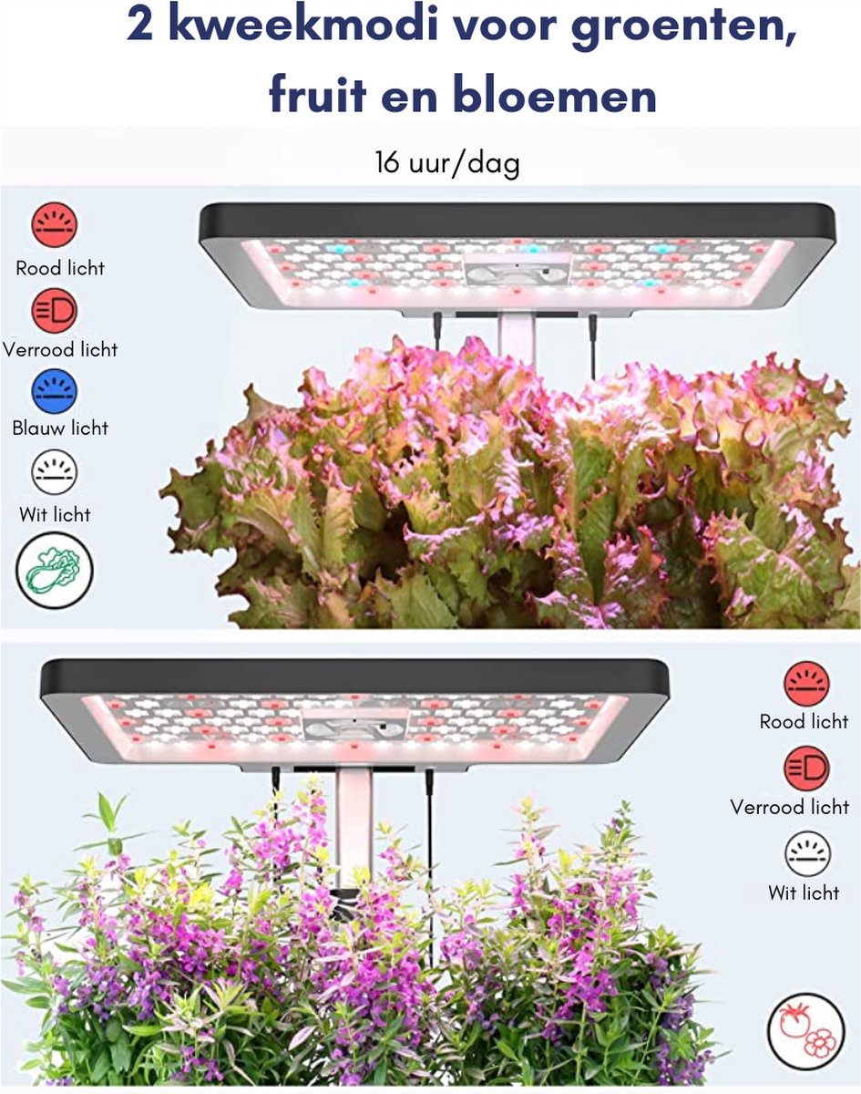 Kweekbak - Tuinbak - Indoor Kruidentuinkit - Hydrocultuur Kweeksysteem - Led-Groeilicht voor Thuiskeuken - 12 Pods - Automatische Timer Kiemkit - In Hoogte Verstelbaar