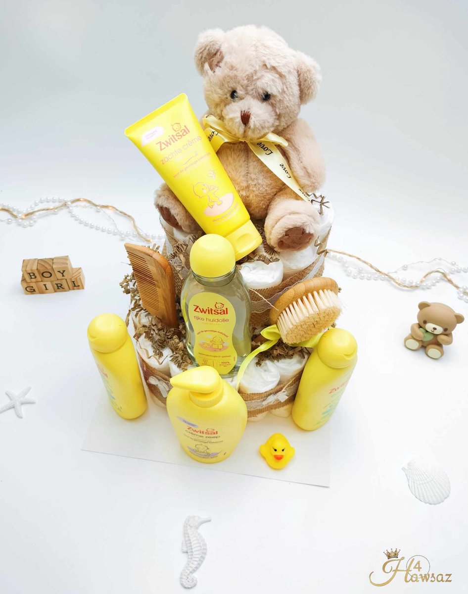 Genderneutrale luiertaart 45 stuks - kraamcadeau - Hawsaz.nl Cadeau - Originele Babycadeaus - 36 luiers - Babycadeau - Babygeschenkset - Knuffel - Babyshower - Gepersonaliseerde cadeaus - Zwitsal - Babyverzorging