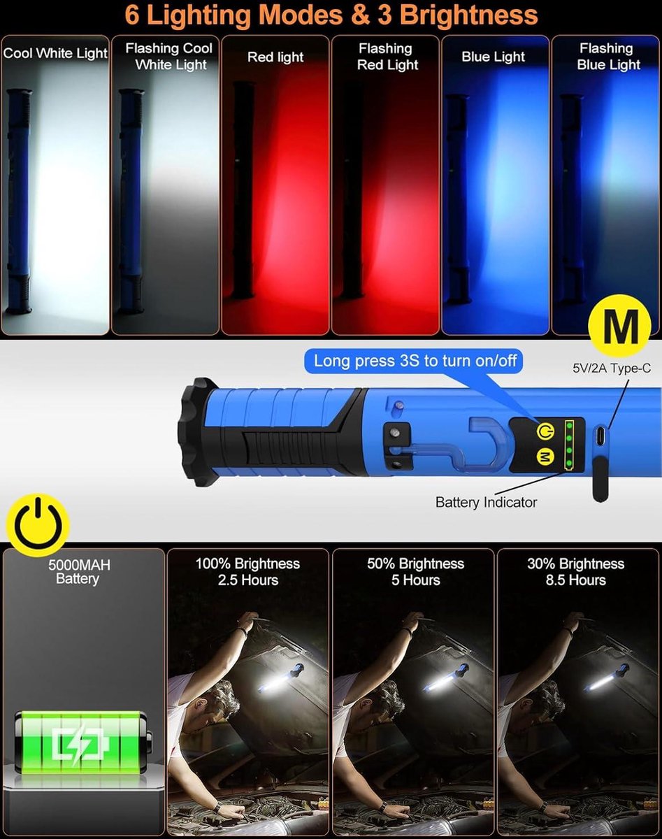 3000 lumen led-accuspot 5000 mAh oplaadbare magnetische werklamp - motorkaplamp met haak - draagbare werklamp - 6 lichtmodi - 3 helderheidsniveaus - motorkap garage noodgevallen