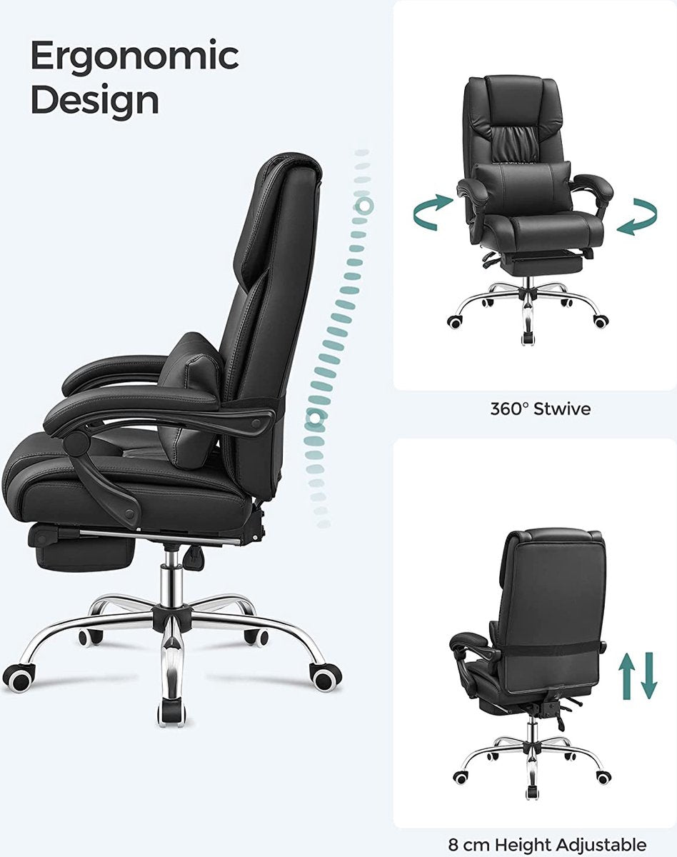 Office chair with footrest and lumbar cushion, faux leather, black, 67 x 66 x 116 cm