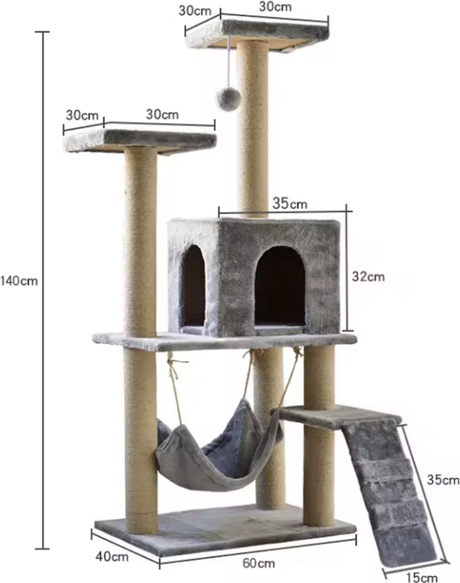 Krabpaal Adventure 140cm grijs - Cats&Co Krabpaal - Krabpaal voor Grote Katten - Kattenboom met Hangmat - Kattenpaal