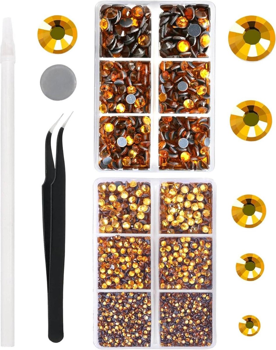 6616 stuks goudgele hotfix strass steentjes - kristalglas - edelstenen - drinkglazen - kleding - overhemden - glinsterend - platte achterkant - rond - pincet - picking-pen - set - SS6 - SS30