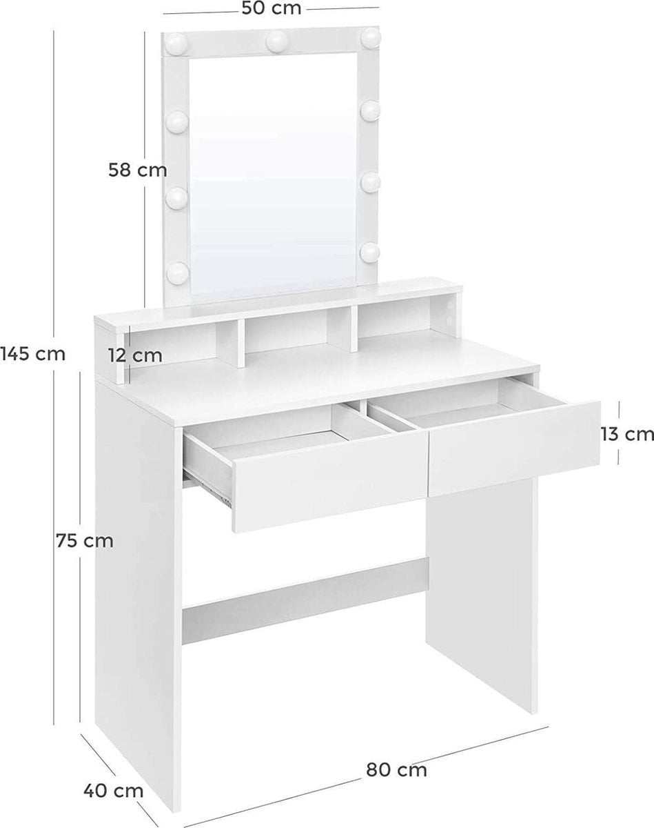 ZaZa Home & Office - kaptafel met spiegel en gloeilampen - cosmetische tafel - 2 lades - 3 open vakken - wit