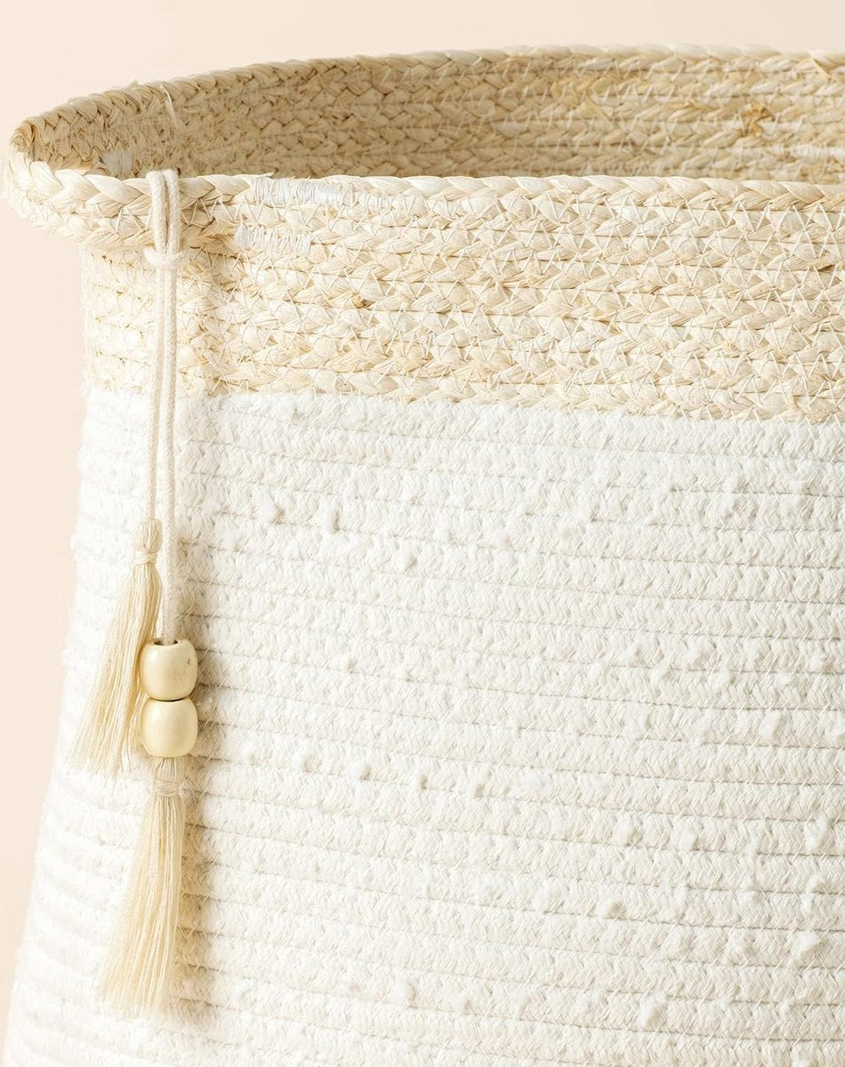Geweven wasmand - Grote opbergmand van katoenen touw met handvat en kwastje voor baby, kinderkamer, speelgoed, organizer, huisdecoratie, cadeau, wit, H 38 x B 44 cm