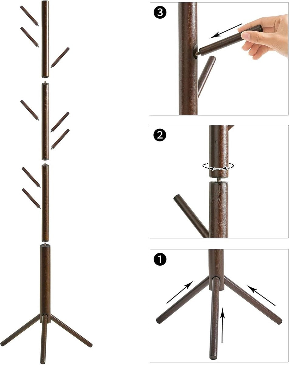 Kapstok Vrijstaande Houten Kapstokboom met 8 Haken - Verstelbare Kapstok voor Hal Woonkamer - Kapstok Slaapkamer voor Hoeden Handtassen Kleding Portemonnee Paraplu Bruin halmeubel met kapstok