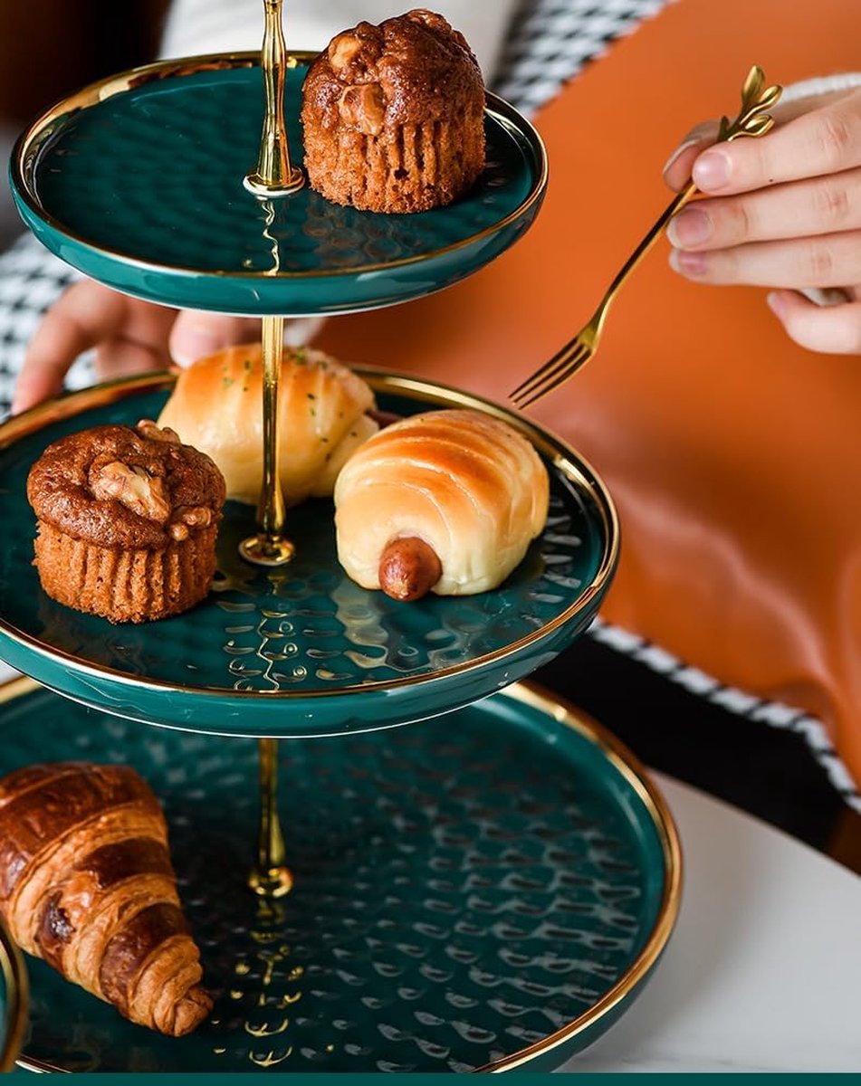 Cupcakestandaard - Keramiek - Taartstandaard Met 3 Lagen - Goud - Tafels - Fruitborden Voor Salontafel - Decoratie - Cupcake En Borden - Dessert - Standaard - Groen