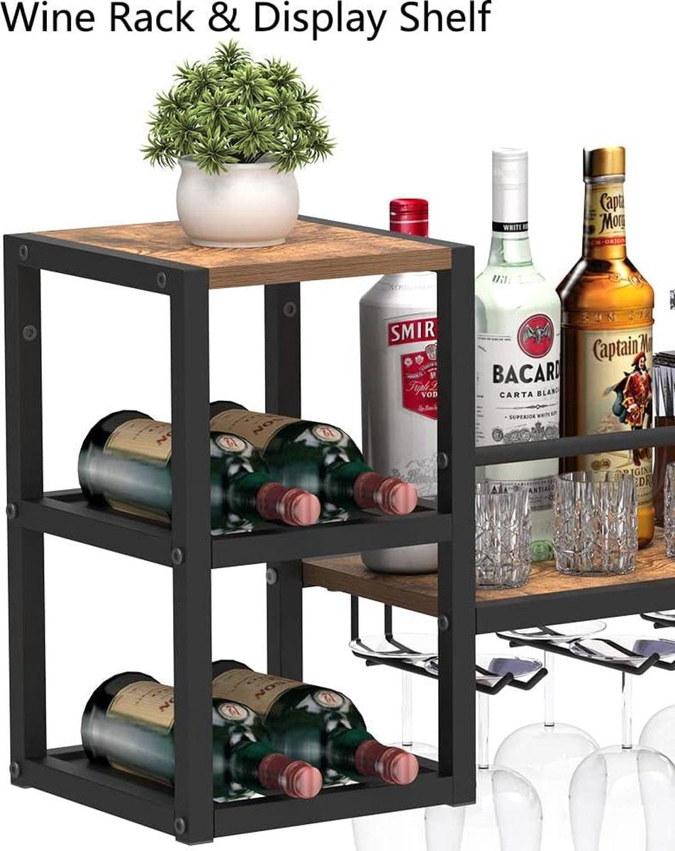 Wijnrek voor aan de muur met 3 glazenhouders - multifunctionele wijndisplay voor thuisbar en keuken met gedeeltelijke houten plank en zwarte metalen flessenhouder