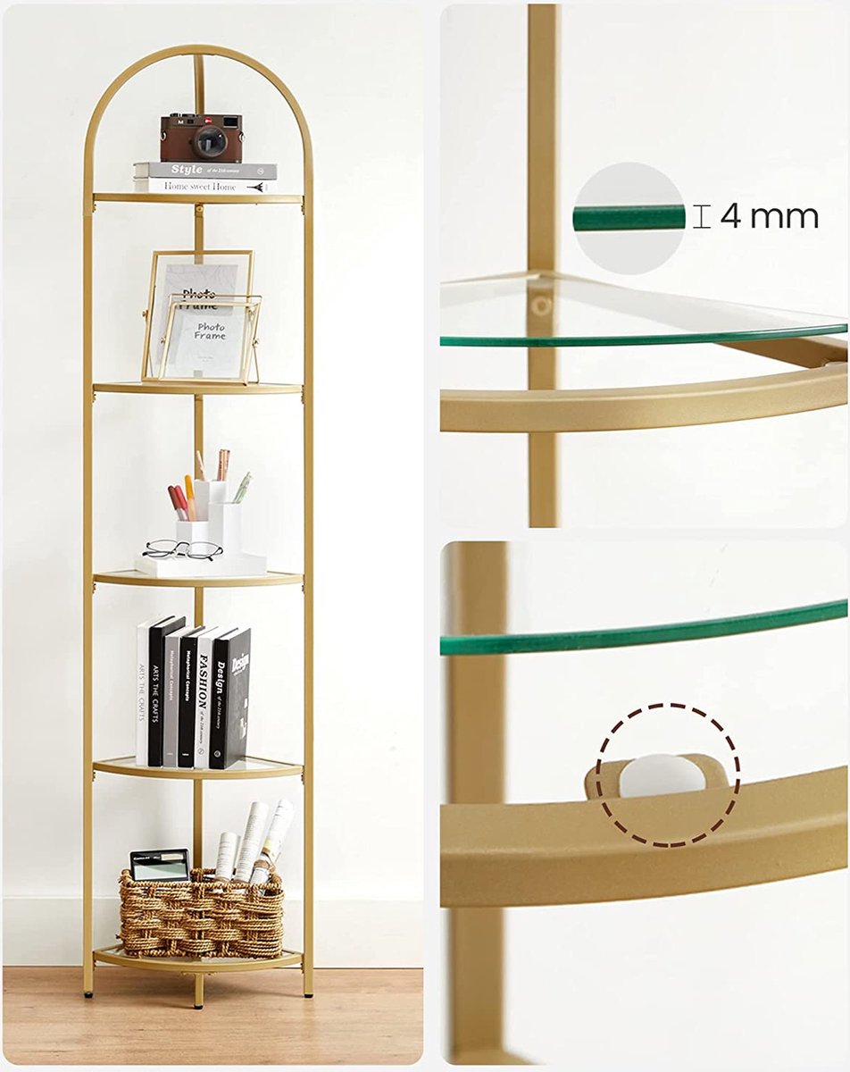 Corner Shelf Bookcase Standing Shelf Metal Frame Tempered Glass Shelves Rustproof Living Room Bedroom Kitchen Bathroom Modern Gold
