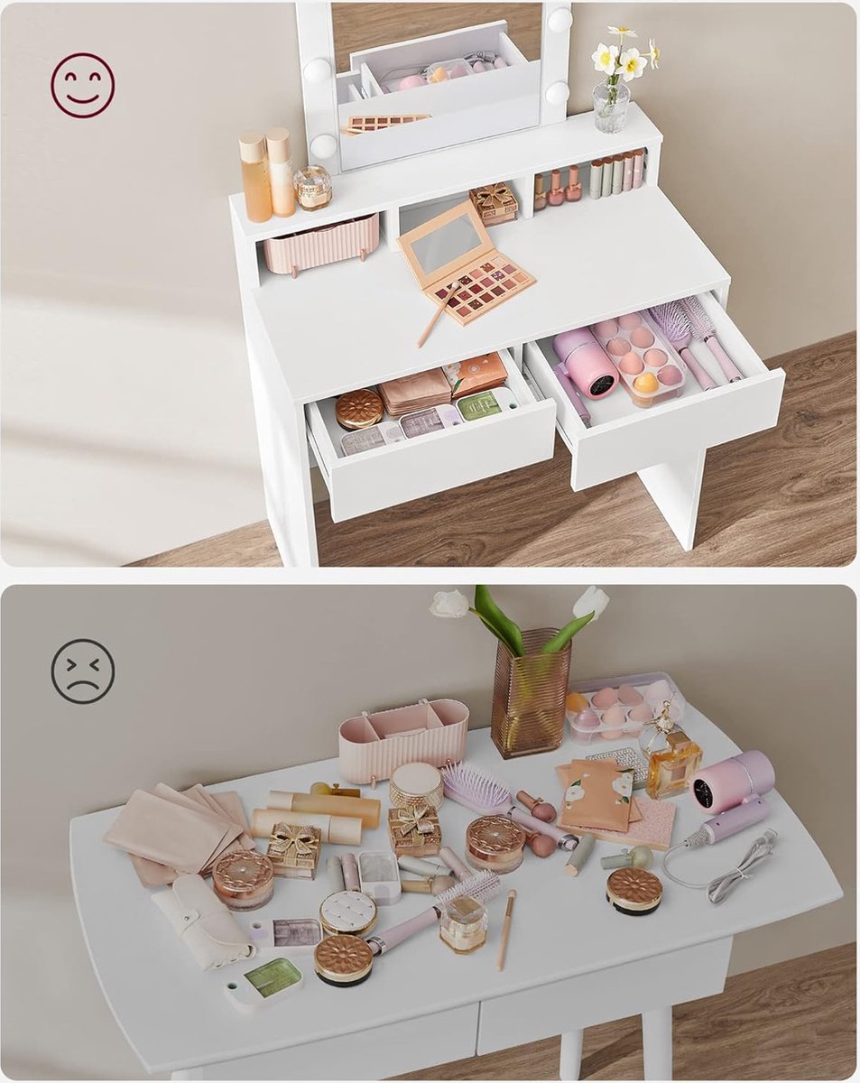 ZaZa Home & Office - kaptafel met spiegel en gloeilampen - cosmetische tafel - 2 lades - 3 open vakken - wit