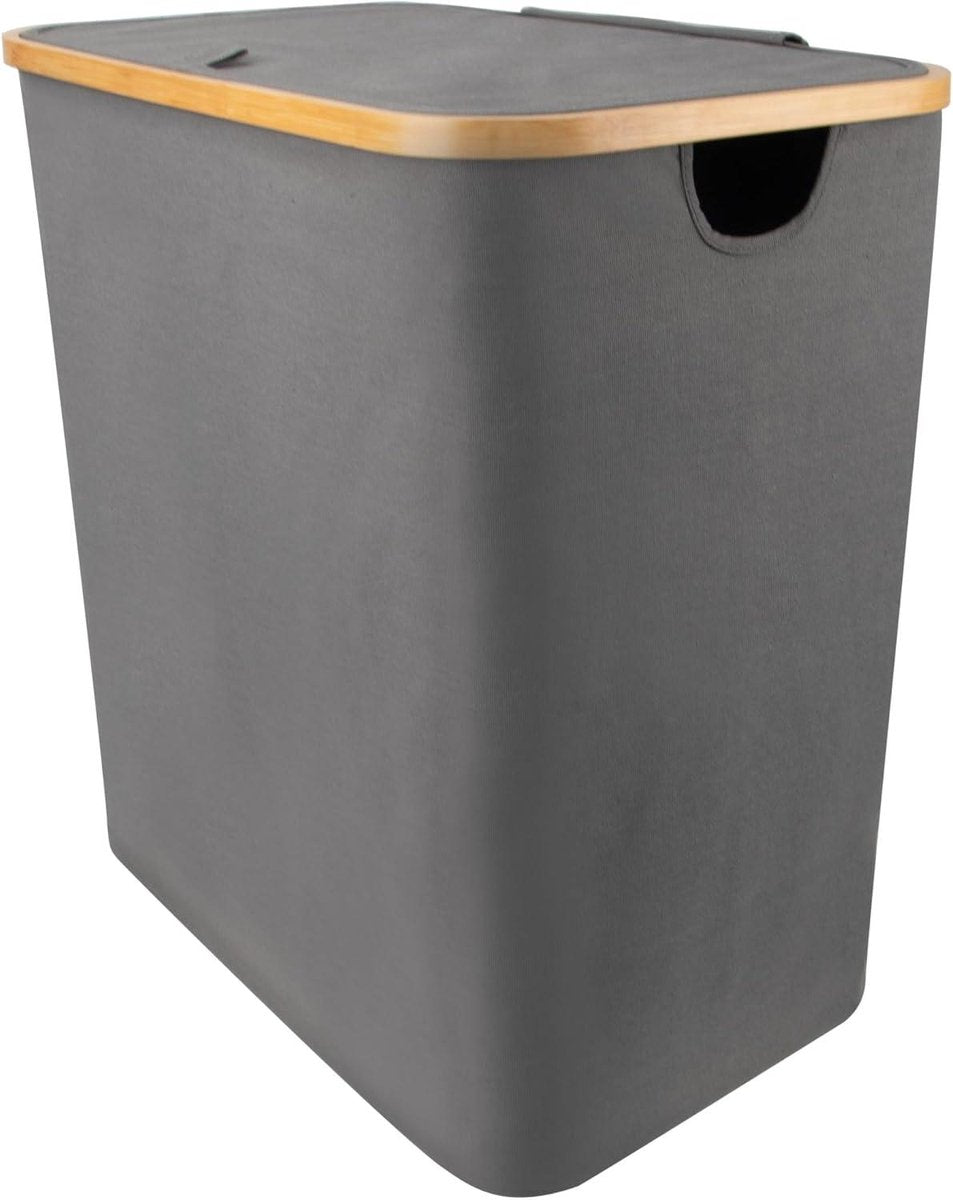 Donkere Wasmand met Deksel 2 Vakken 150 Liter Bamboestof Grijs - Grote XXL Wasmand - Donkergrijs Antraciet - Wasverzamelaar - Waspoef - Laundry Basket met Deksel - Wasgoed Sorteerder