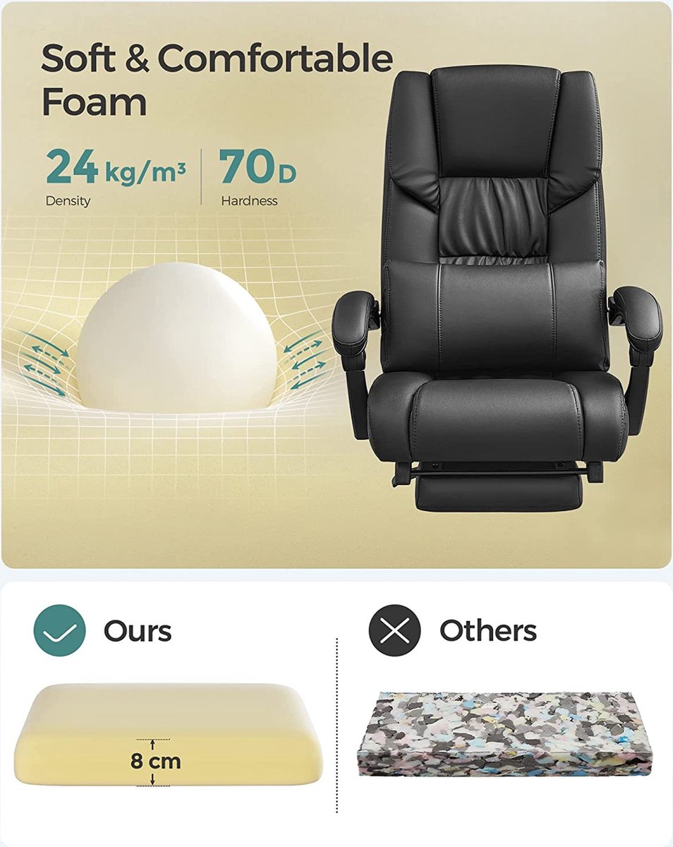 Office chair with footrest and lumbar cushion, faux leather, black, 67 x 66 x 116 cm