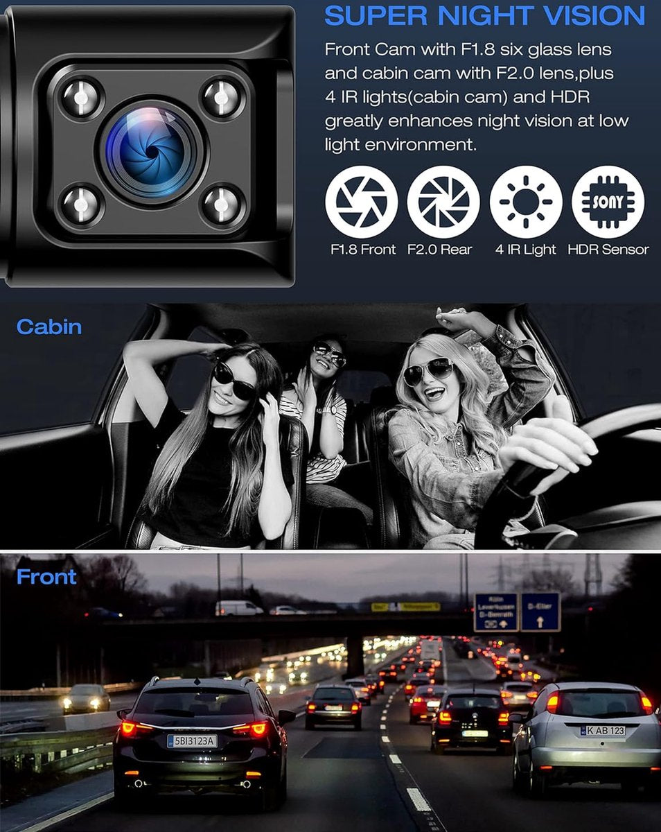 Dashcam - Dashcam Voor Auto - Dashcam Voor Auto Voor En Achter - 4K - Infrarood Nachtzicht