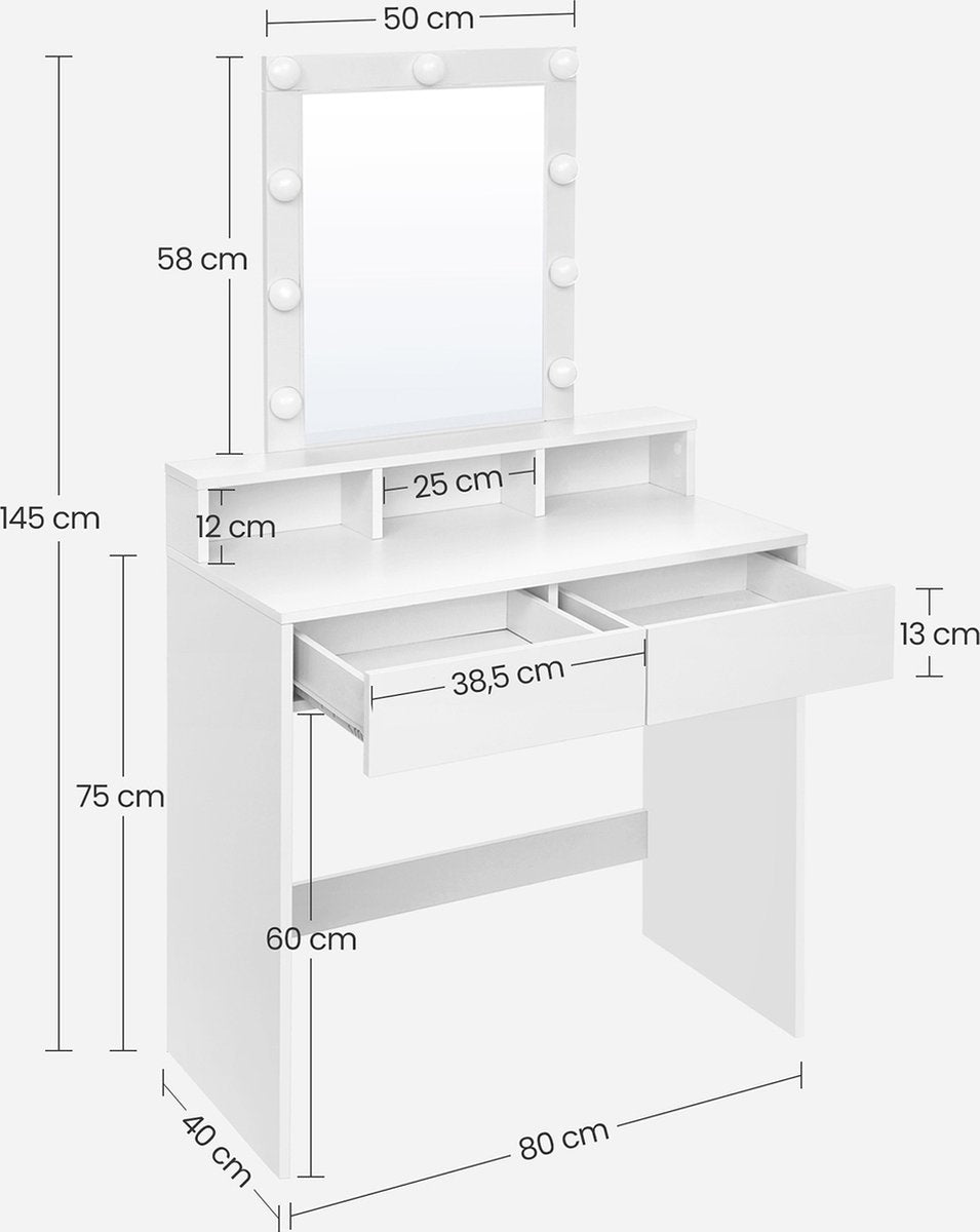 Blinky Kaptafel - Kaptafel met spiegel - make-uptafel - make-uptafel - kaptafel met spiegel en gloeilampen - met 2 lades en 3 open vakken - Wit