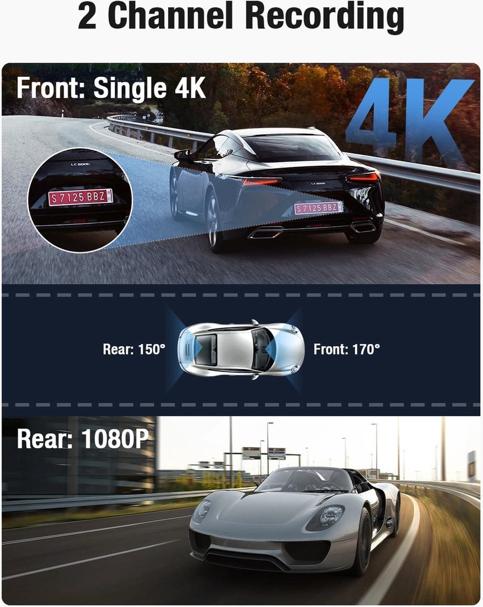 Dashcam Auto Mini Dash Camera Video Recorder Wi-Fi APP GPS Tracker IPS Scherm Nachtzicht G-Sensor 170 Groothoek WDR 24 uur Parkeermonitorkit 64GB - 4K Voor Beveiliging Parkeren Dashcam voor auto