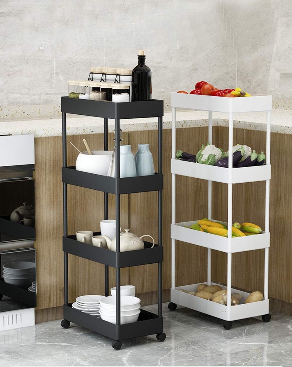 4-laags rolwagen, opbergwagen voor de keuken, hobbywagen, multifunctionele trolley met wielen, serveerwagen, serveerrek, opbergmand, opbergmand voor badkamer, keuken, cosmetica, kantoor