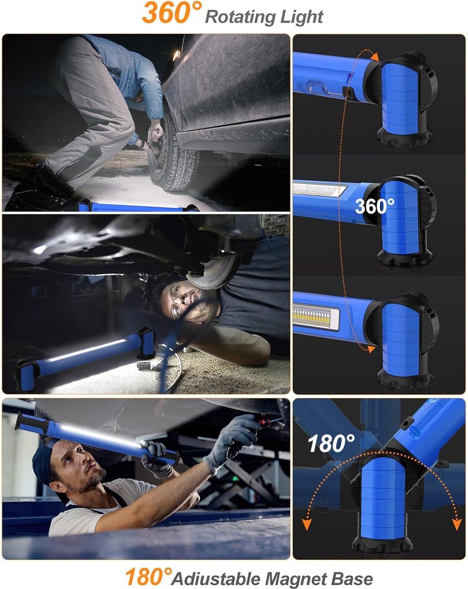 3000 lumen led-accuspot 5000 mAh oplaadbare magnetische werklamp - motorkaplamp met haak - draagbare werklamp - 6 lichtmodi - 3 helderheidsniveaus - motorkap garage noodgevallen