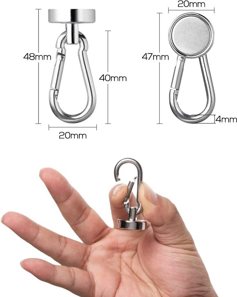 Magnetic Hooks, Powerful Neodymium Magnet with Carabiner, Diameter 20MM Maximum 15KG Load, Suitable for Kitchen, Refrigerator, Garage, Office, 8 Pieces