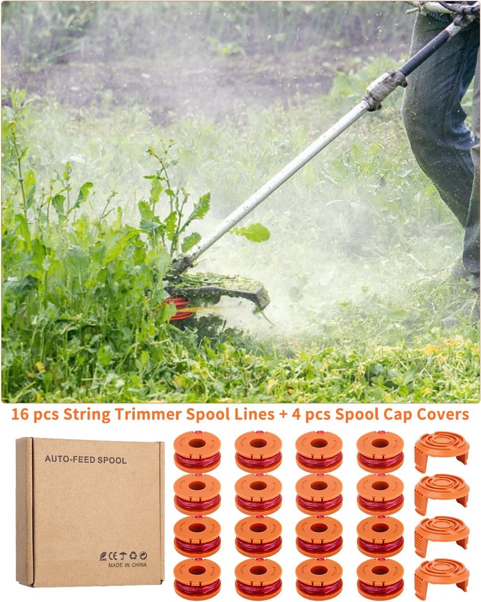 20 stuks grastrimmerspoel voor grastrimmer, trimmerdraadspoel voor grastrimmer, trimmerspoelmodel WA0010 WA0004 WA0004 WA0004.1, Ø 1,65 mm, 3 m lengte (16 reservespoelen + 4 doppen WA6531)
