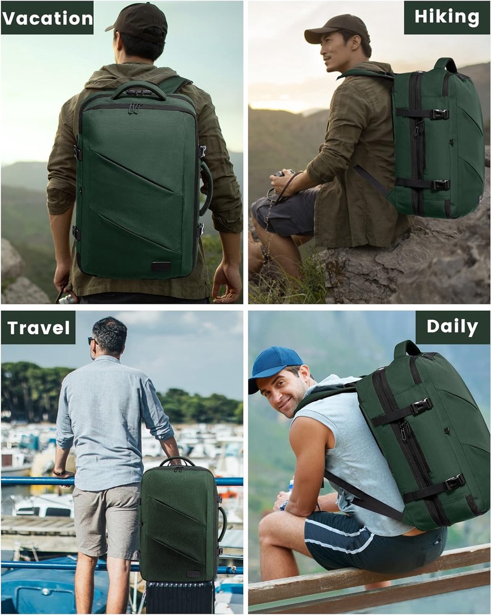 Reisrugzak, handbagage, vliegtuig, zakelijke rugzak, heren, dames, uitbreidbaar, laptoprugzak voor 17,3 inch voor weekends, donkergroen