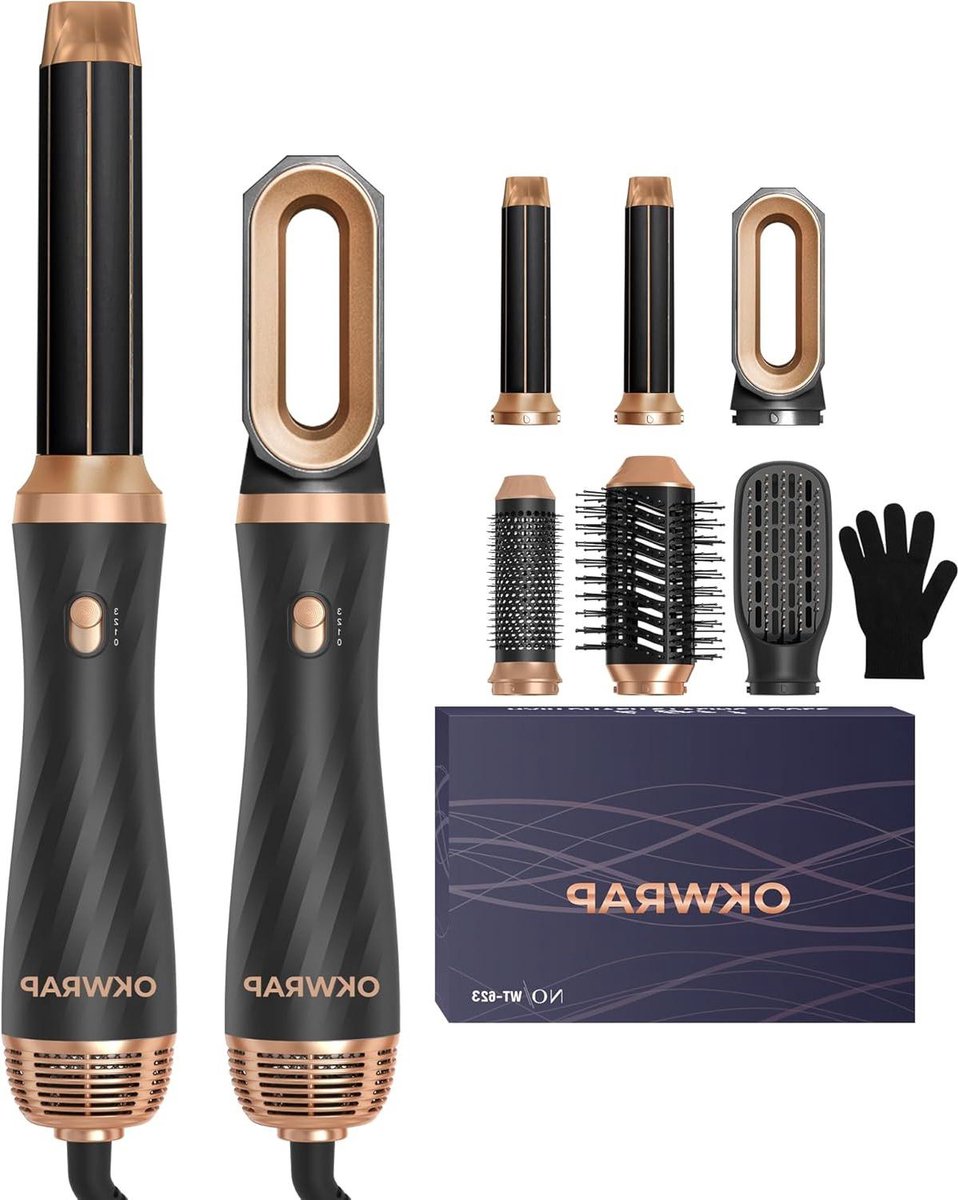 Föhnborstel 6-in-1 Airstyler haarstyler - ronde borstelföhn - heteluchtborstel - thermische borstel - automatische-airflow-krultang - volume föhnborstel voor gladmaken - drogen - volume - haarstyler met 6 accessoires