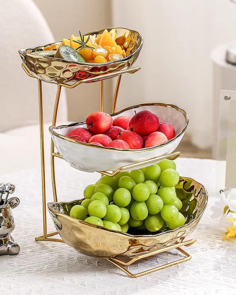 Ceramische fruitschalen met 3-laags metalen rek - fruitmand keramiek - ovale gelaagde keramische serveerschaalset - snoep, snack, noten, cake, dessert - feest, restaurant (goud)