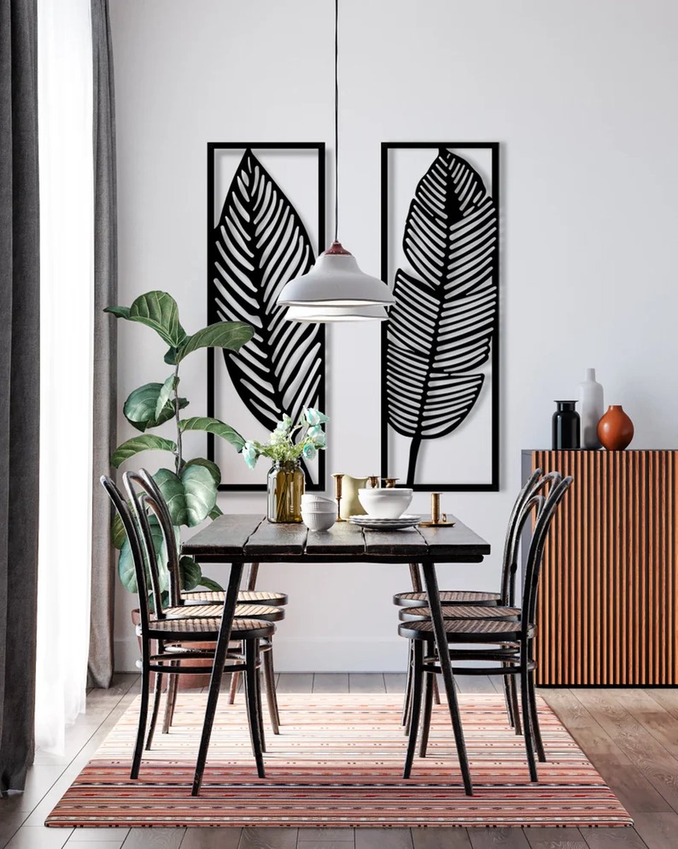 2 stuks XL bladeren moderne deco muurdecoratie - Wanddecoratie - Zwart - art - Muurdecoratie - Line art - Wall art - Bohemian - Wandborden - Woonkamer - 75x65cm
