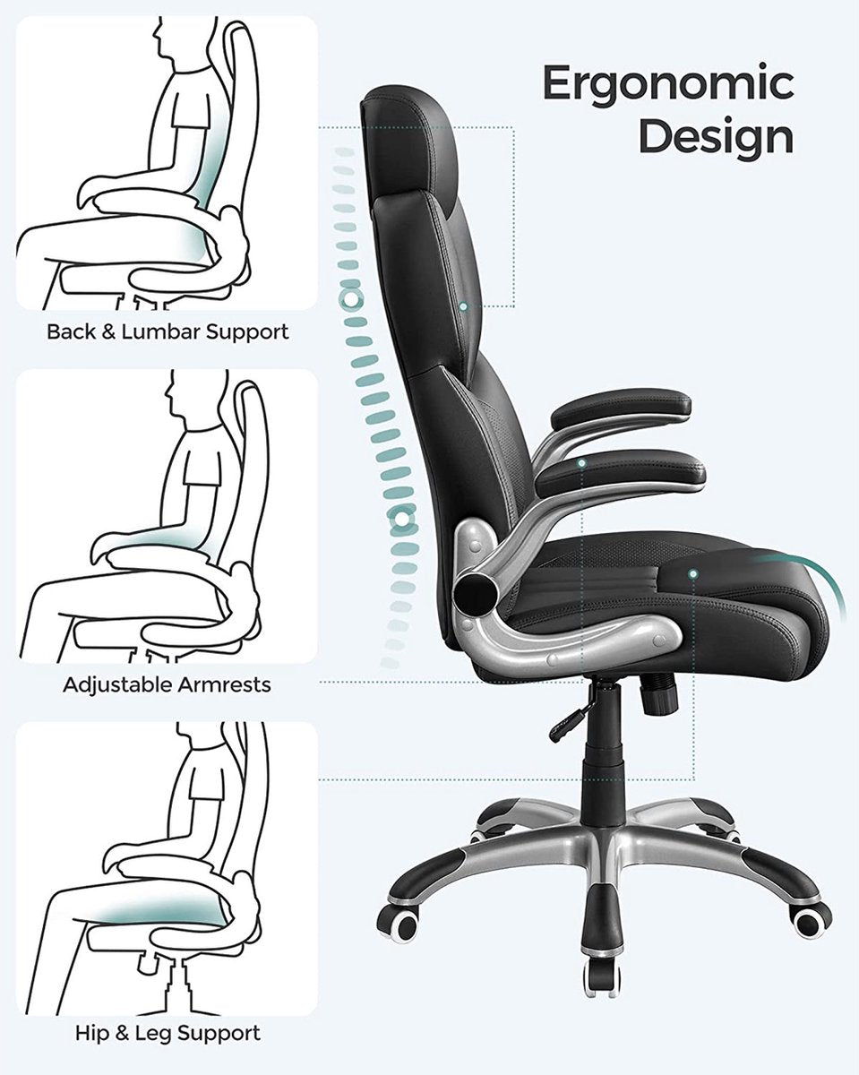 Swivel chair - Desk chair - leather look - beauty in black - ergonomic swivel chair - with foldable armrests - nylon star base - load capacity 150 kg - black