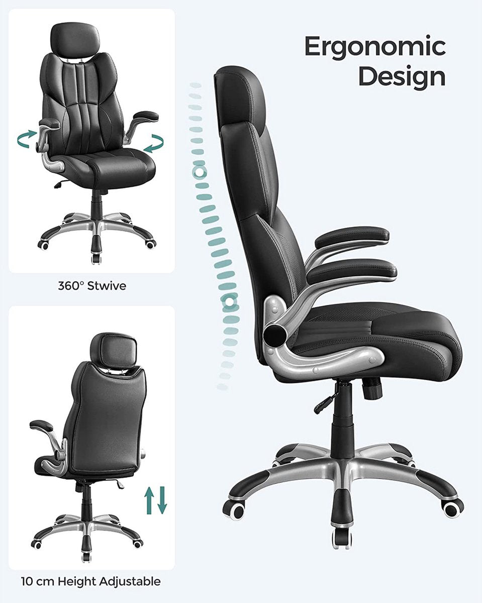 Draaistoel - Bureaustoel - Kunstleer - Zwart - Ergonomische draaistoel - Met opklapbare armleuningen - Nylon stervoet - Draagvermogen 150 kg - Zwart