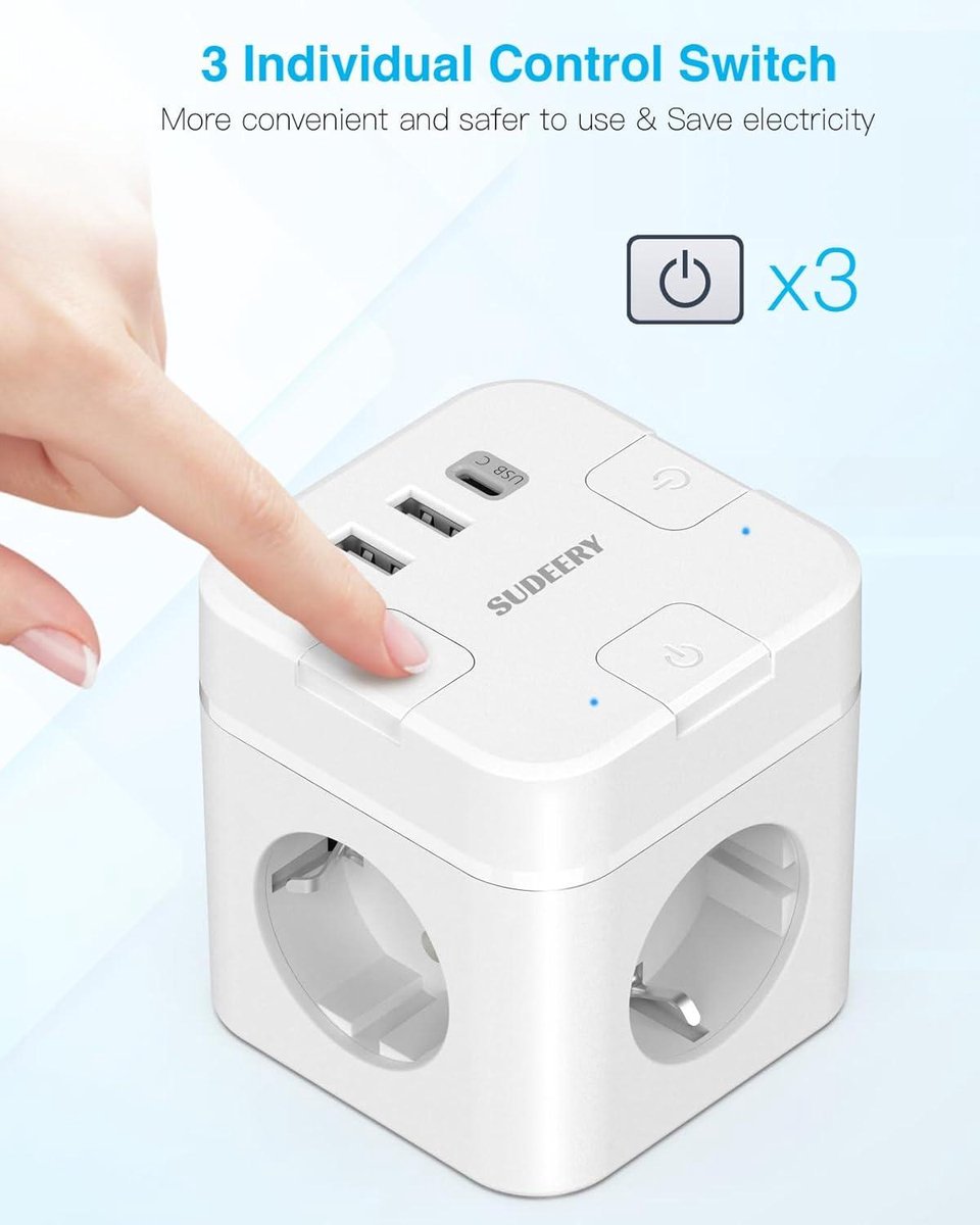 6-in-1 USB-C-stekkerdoos met 3 stopcontacten, kubusvormige platte stekker, individueel schakelbaar, 4 m kabel, voor kantoor, thuis, op reis, wit