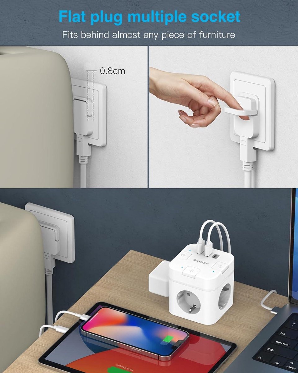 6-in-1 USB-C-stekkerdoos met 3 stopcontacten, kubusvormige platte stekker, individueel schakelbaar, 4 m kabel, voor kantoor, thuis, op reis, wit