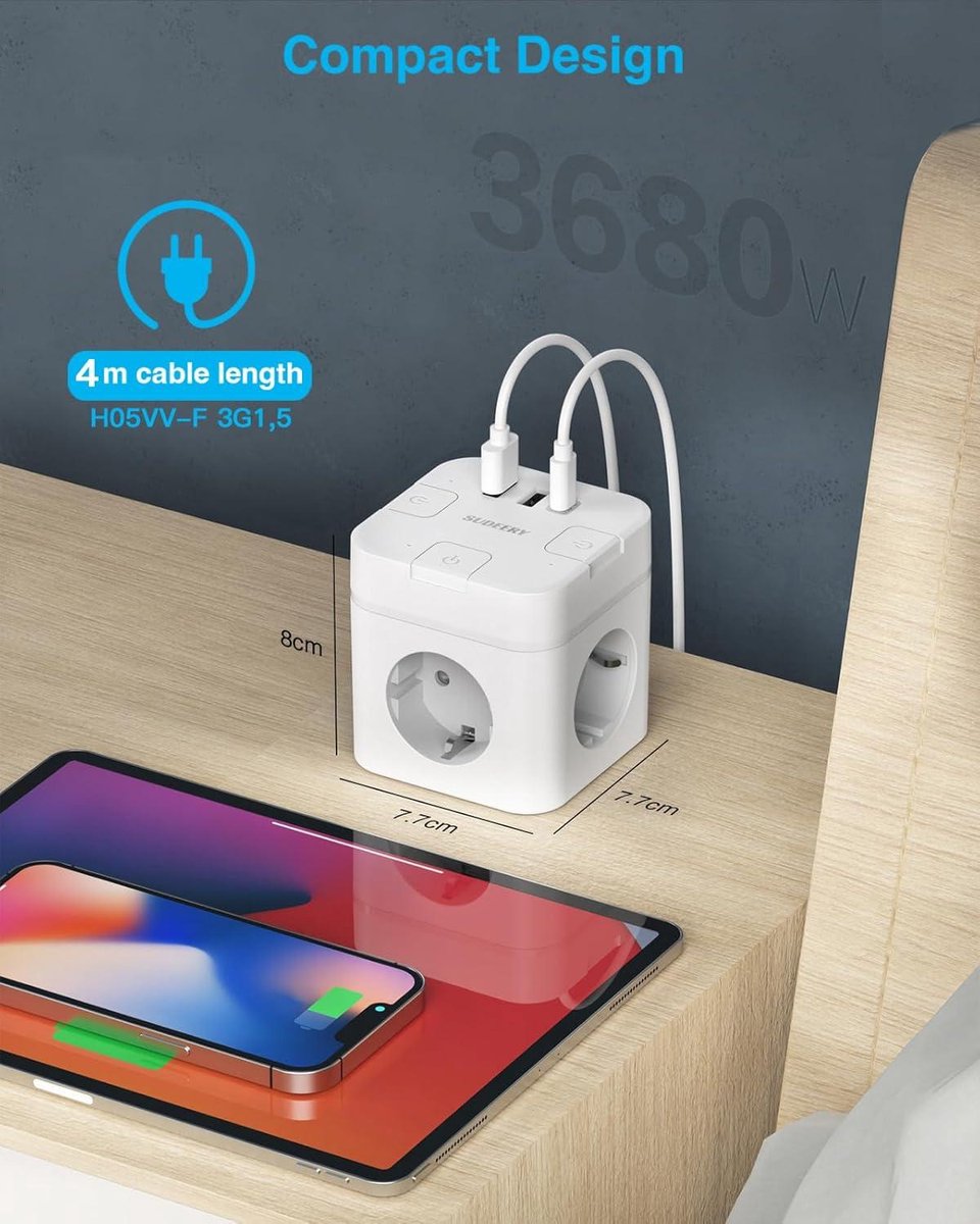 6-in-1 USB-C-stekkerdoos met 3 stopcontacten, kubusvormige platte stekker, individueel schakelbaar, 4 m kabel, voor kantoor, thuis, op reis, wit