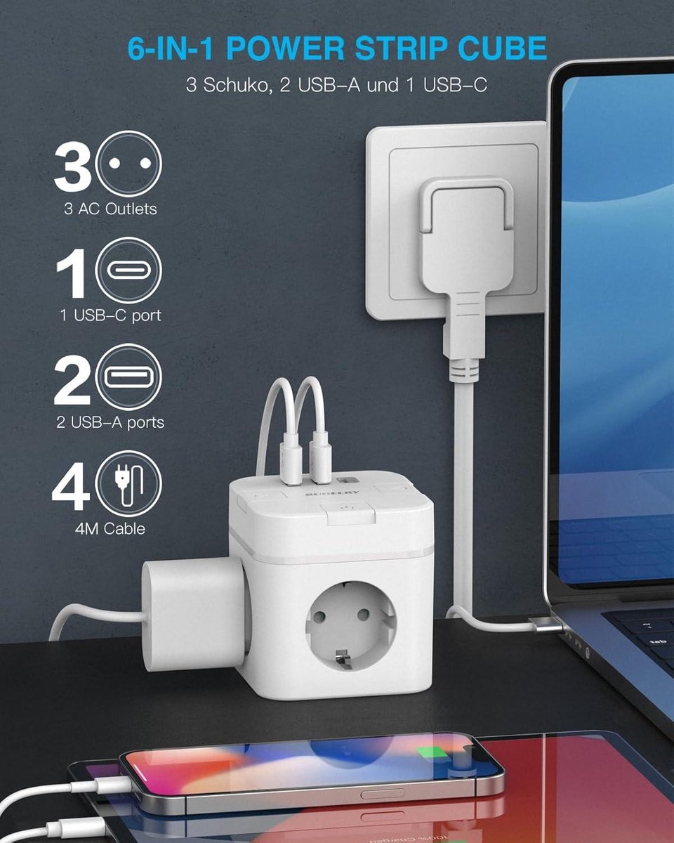 6-in-1 USB-C-stekkerdoos met 3 stopcontacten, kubusvormige platte stekker, individueel schakelbaar, 4 m kabel, voor kantoor, thuis, op reis, wit