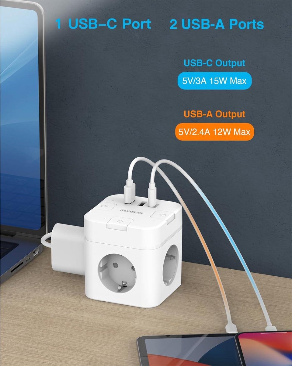 6-in-1 USB-C-stekkerdoos met 3 stopcontacten, kubusvormige platte stekker, individueel schakelbaar, 4 m kabel, voor kantoor, thuis, op reis, wit