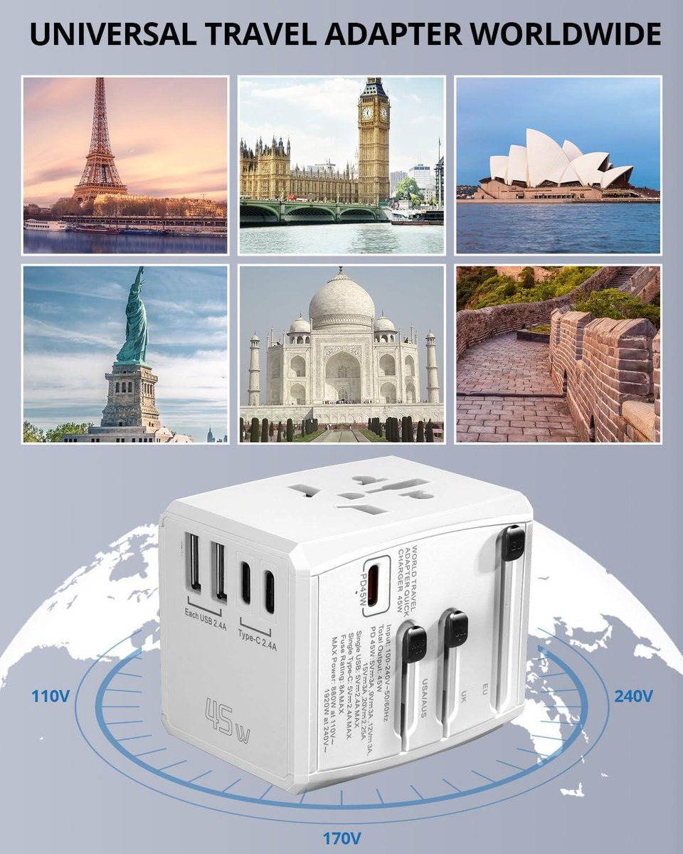 Worldwide Universal Travel Adapter with Fast Charging - 2 USB - 2 USB C - 45 W - AC Outlet - International Plug Adapter - 150+ Countries