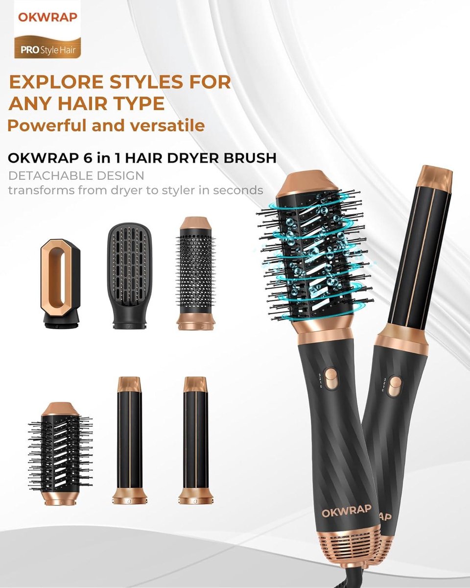 Föhnborstel 6-in-1 Airstyler haarstyler - ronde borstelföhn - warme luchtborstel - thermische borstel - automatische airflow krultang - volume föhnborstel voor gladmaken - drogen - volume - haarstyler met 6 accessoires