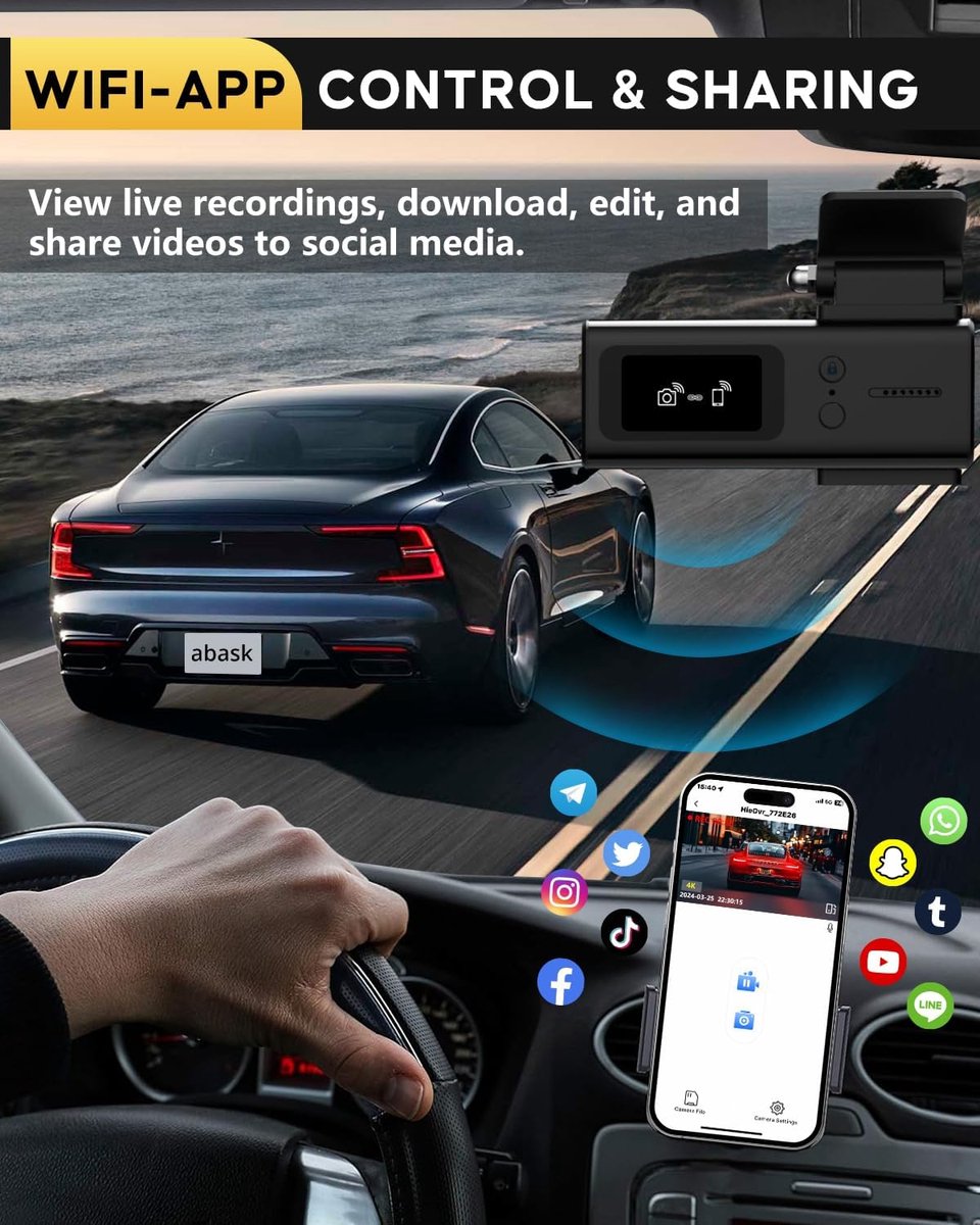Dashcam - 2160p, 1080p - 4K wifi met app bediening - 170° groothoeklens - Nachtzicht - Inclusief 64 GB SD-kaart - G-sensor - Zwart -