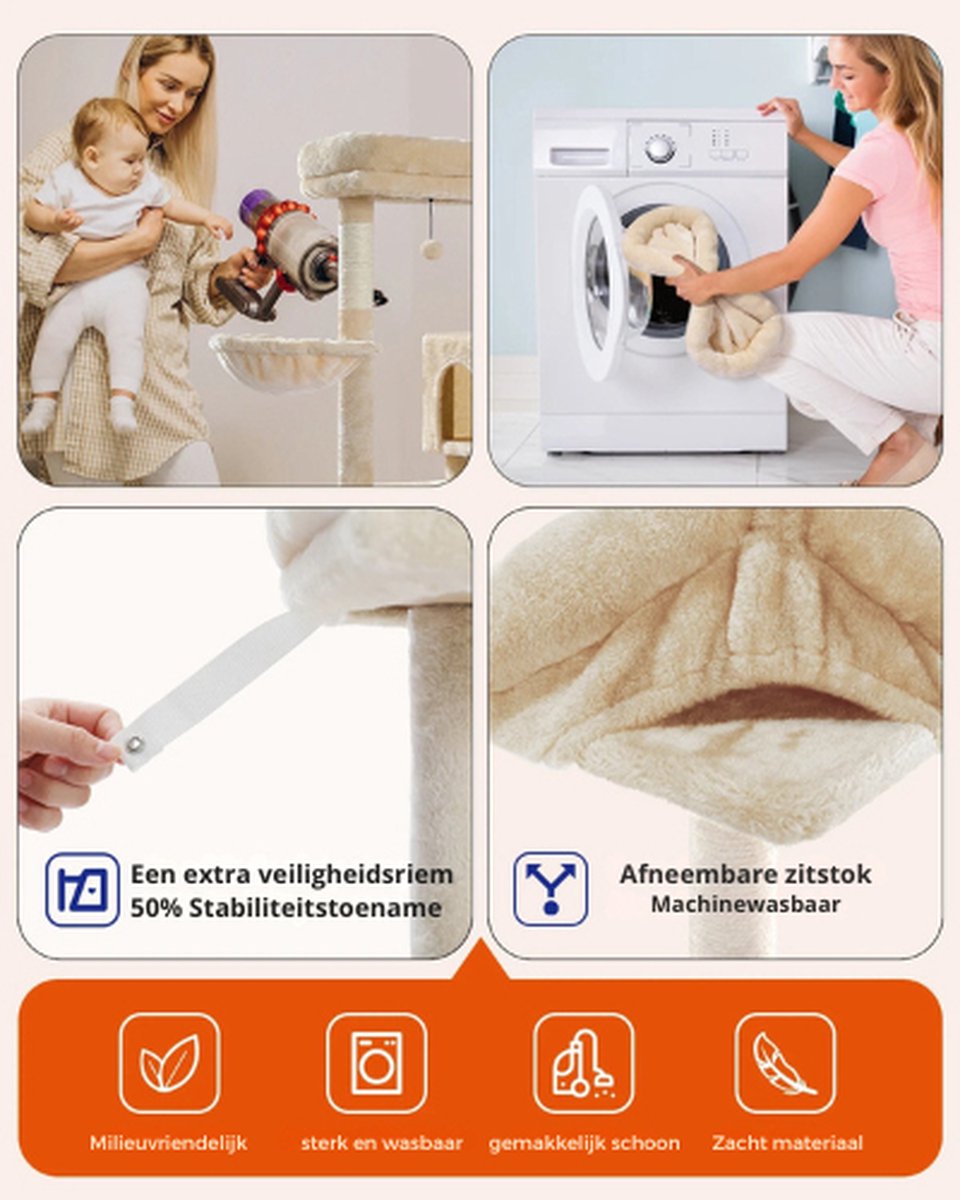 Rakmishop - Krabpaal - 5 Verdiepingen - Kattentoren - Krabpaal - Krabpaal voor grote katten - Krabtoren - 143x50x45 cm - Beige