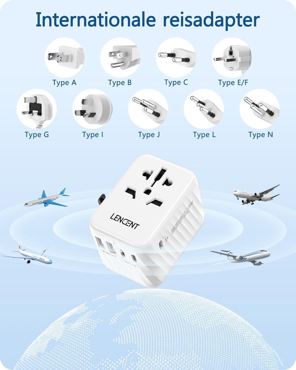 Reisadapter Wereldwijd Universele Reisstekker met 3 USB-C en 2 USB-A Poorten - Internationale Adapter voor 200+ Landen EU UK DE FR ES CN USA JP IT AUS
